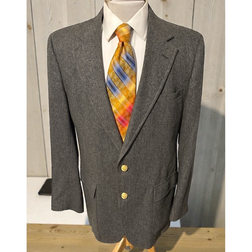 VTG Palm Beach Solid Gray Wool‎ Flannel Gold Button Blazer Sport Coat Jacket 42L